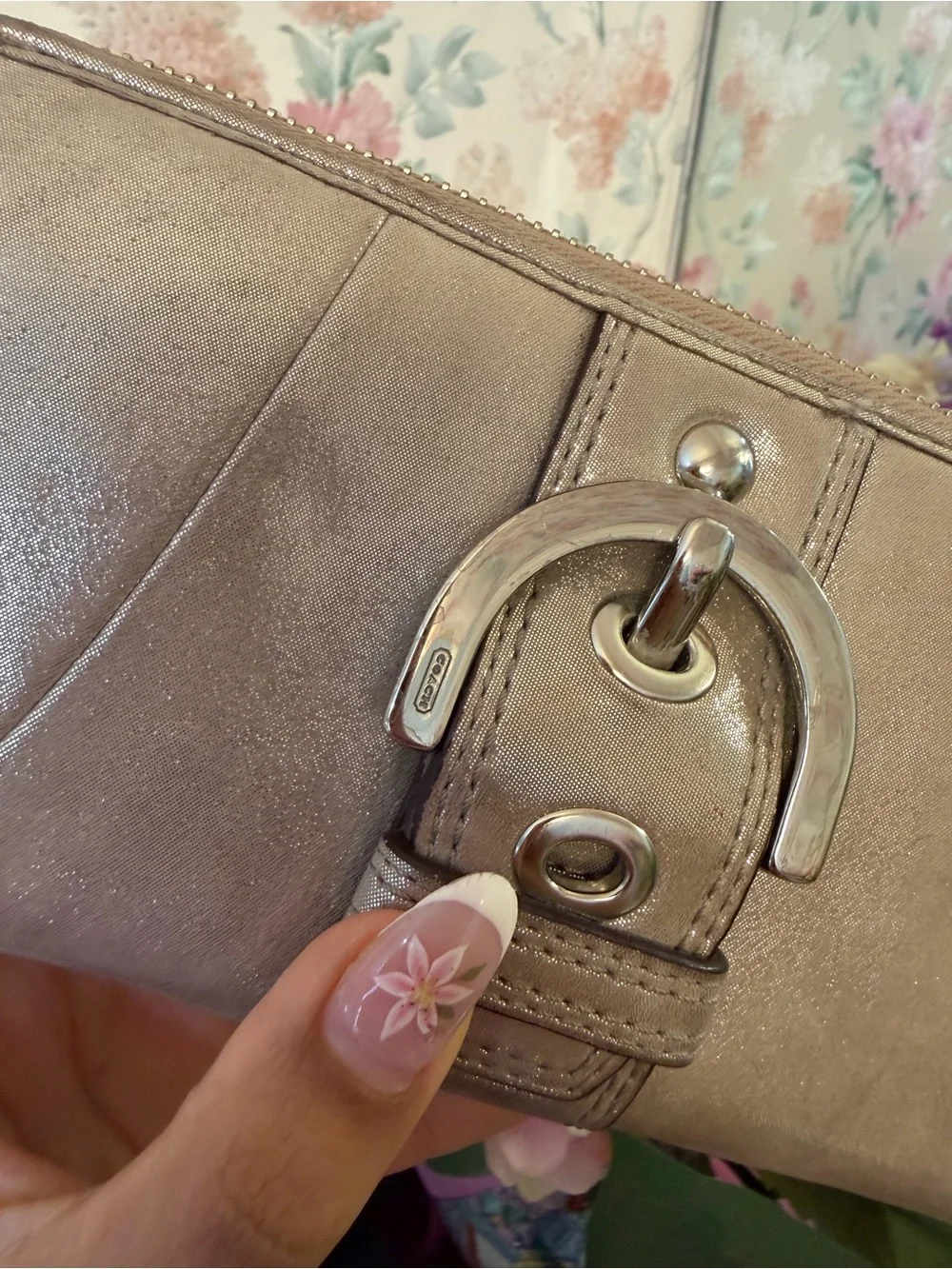 Y2K Metallic Taupe Women's Wallet with Buckle Accent